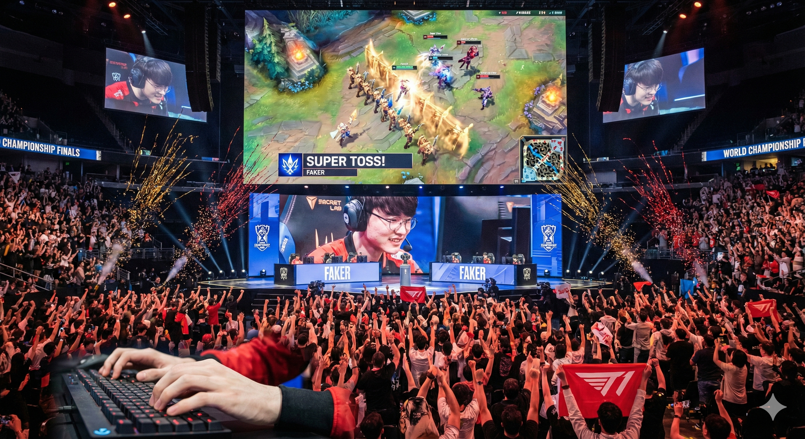 리그 오브 레전드 월즈 결승에서 아지르로 슈퍼 토스를 성공시키는 페이커의 화면과 환호하는 관중