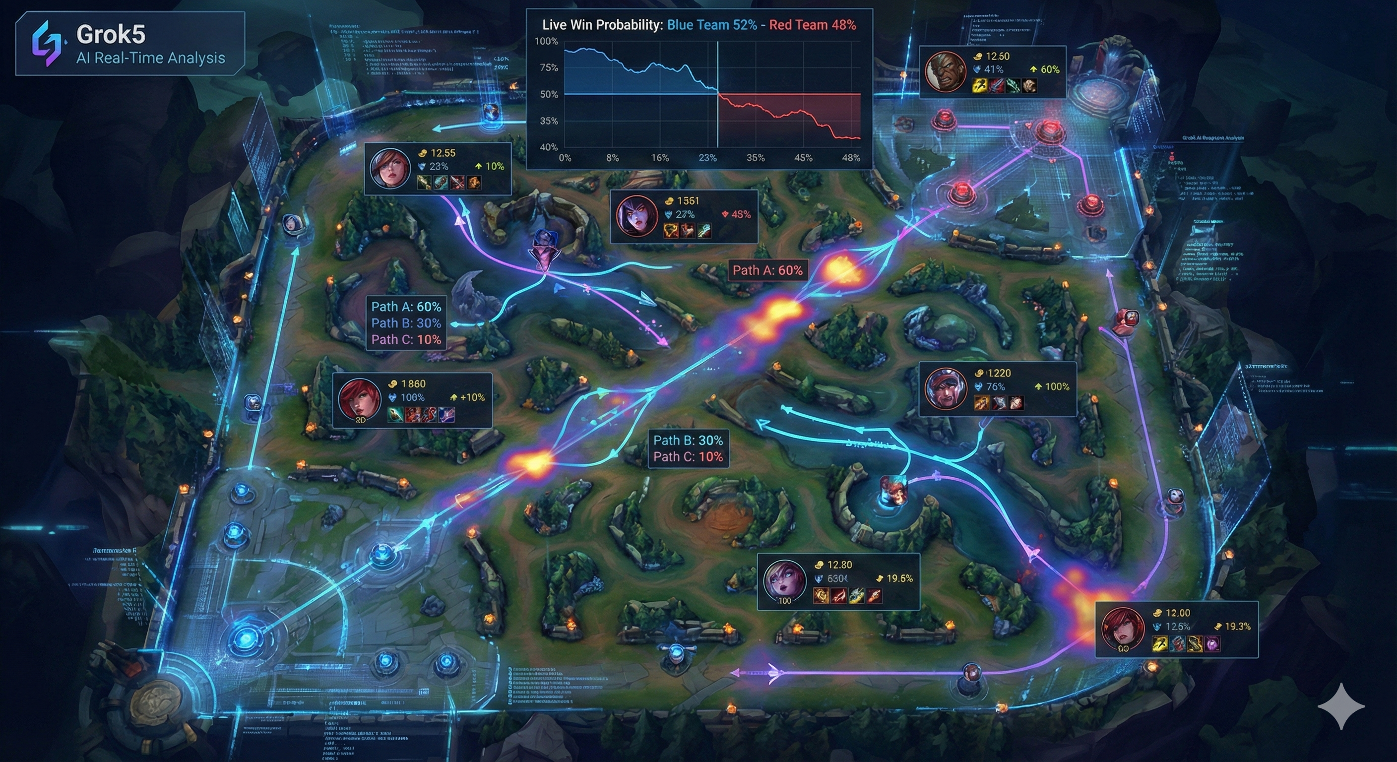 소환사의 협곡 맵 위에 실시간 승률과 챔피언 이동 경로를 확률로 계산하여 보여주는 Grok5의 시각화 인터페이스
